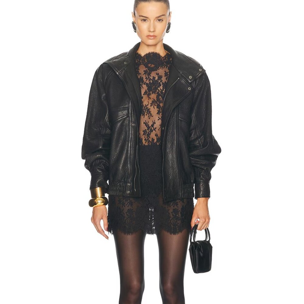 SAINT LAURENT Leather Jacket Stand Collar Runway Black Leather Bomber 2025 - Picture 4 of 17